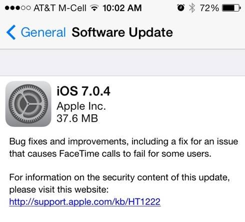 蘋果發布iOS 7.0.4修復FaceTime通話失敗  