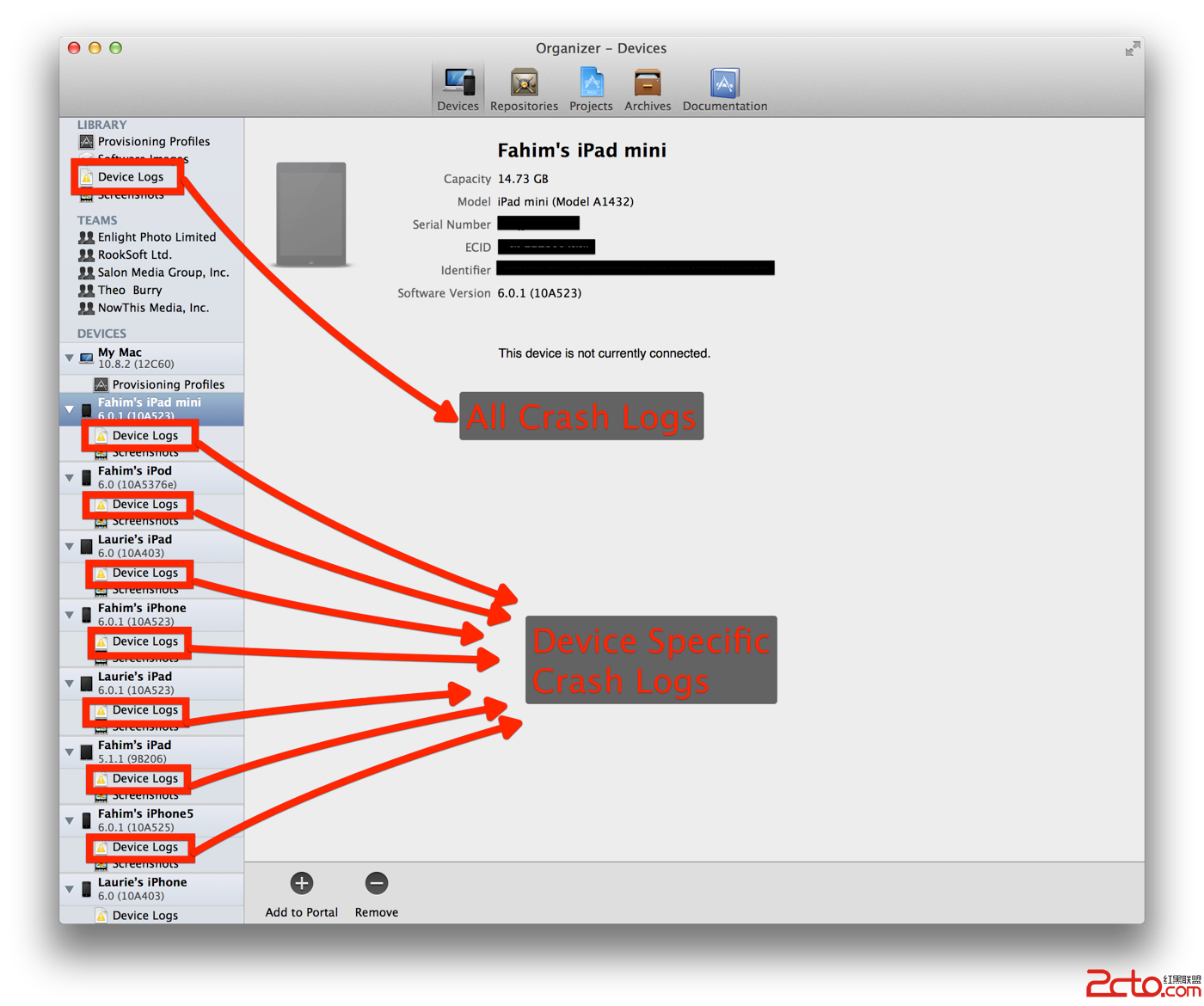 Devices tab in Xcode Organizer