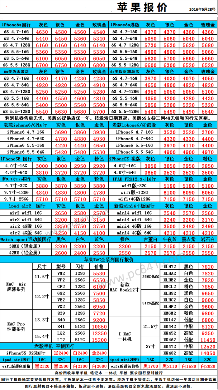 2016年6月28日蘋果國行原封正品批發報價