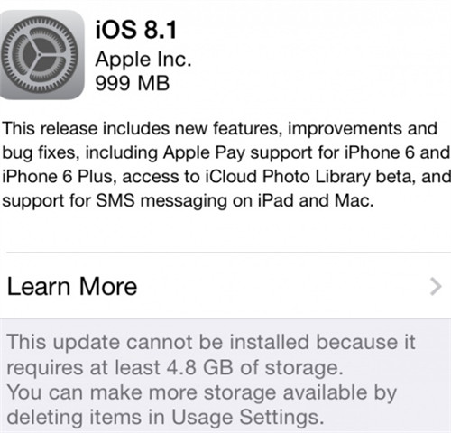 蘋果iOS8.1升級內存不夠怎麼辦？