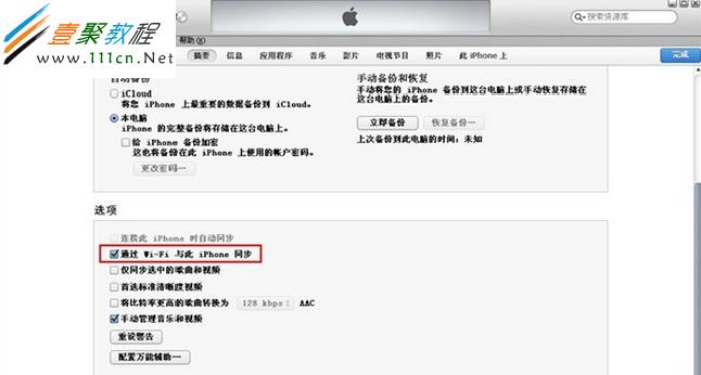 最好將“通過Wifi與此iphone同步”和“手動管理音樂和視頻”兩個選項全部選中
