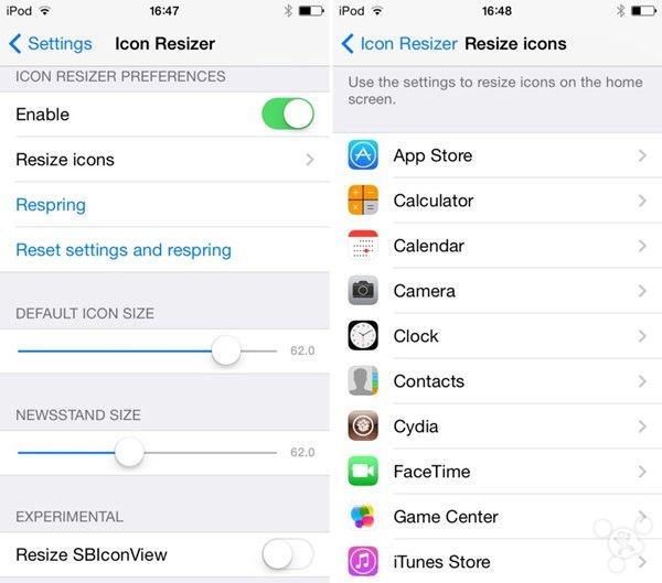 iOS7.1.2越獄插件推薦：改變桌面圖標的大小Icon Resizer