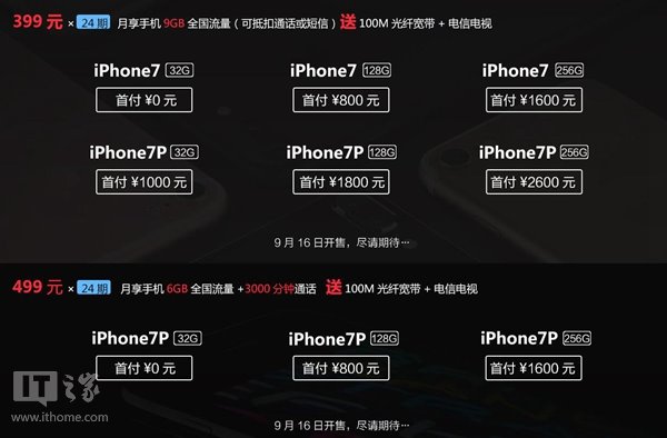 中國電信出台蘋果iPhone7/7 Plus合約套餐方案：最高每月499元