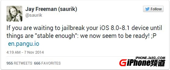 Cydia創始人：盤古iOS8.1完美越獄很穩定