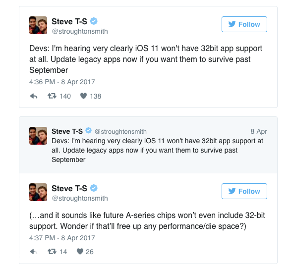 開發者透露：iOS11將完全停止支持32位應用
